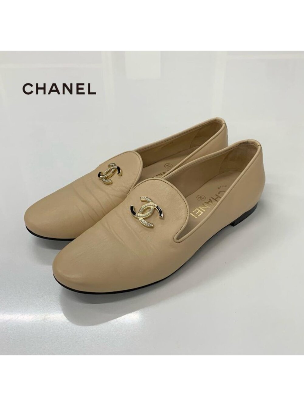 Chanel Leather CC Logo Rhinestone Pearl Opera Shoes Loafers